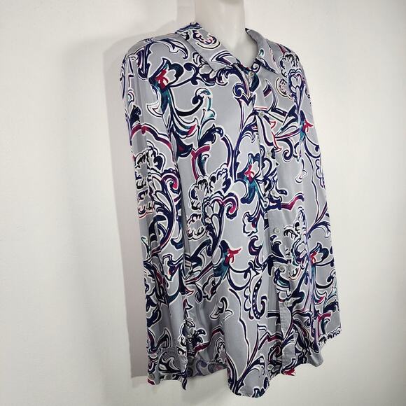 Chico’s Womens Sandwash Satin Paisley Painted Button Shirt Size 2 US 12/14 Gray - Picture 4 of 10